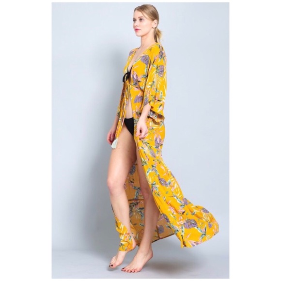 Mustard Floral Maxi Kimono Coverup Wrap Duster - Picture 5 of 8